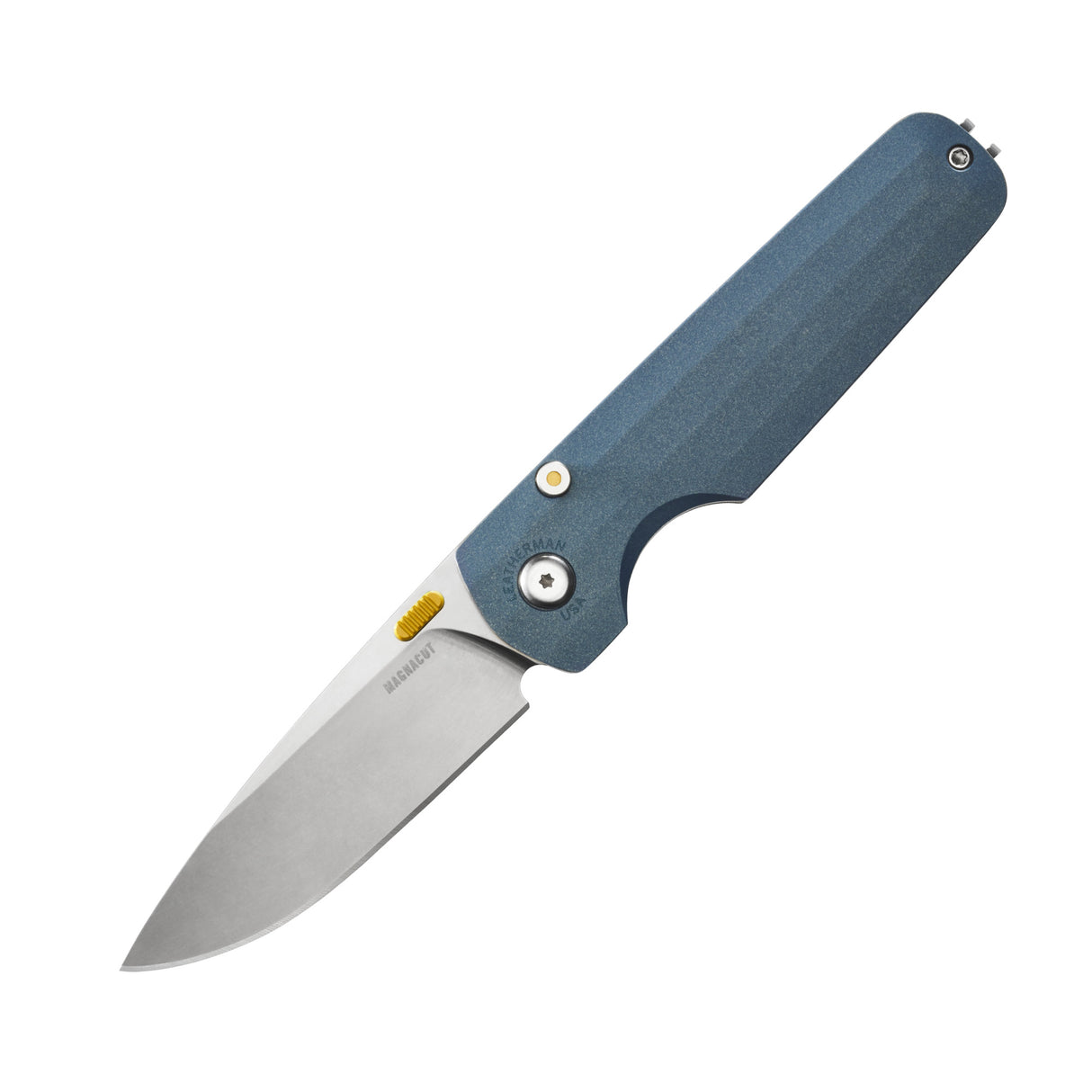 Translation missing: nl.Leatherman Blazer Denim folding knife shown open with a drop point stainless steel blade, blue textured handle, yellow thumb stud, and visible pivot screw, displayed on a white background