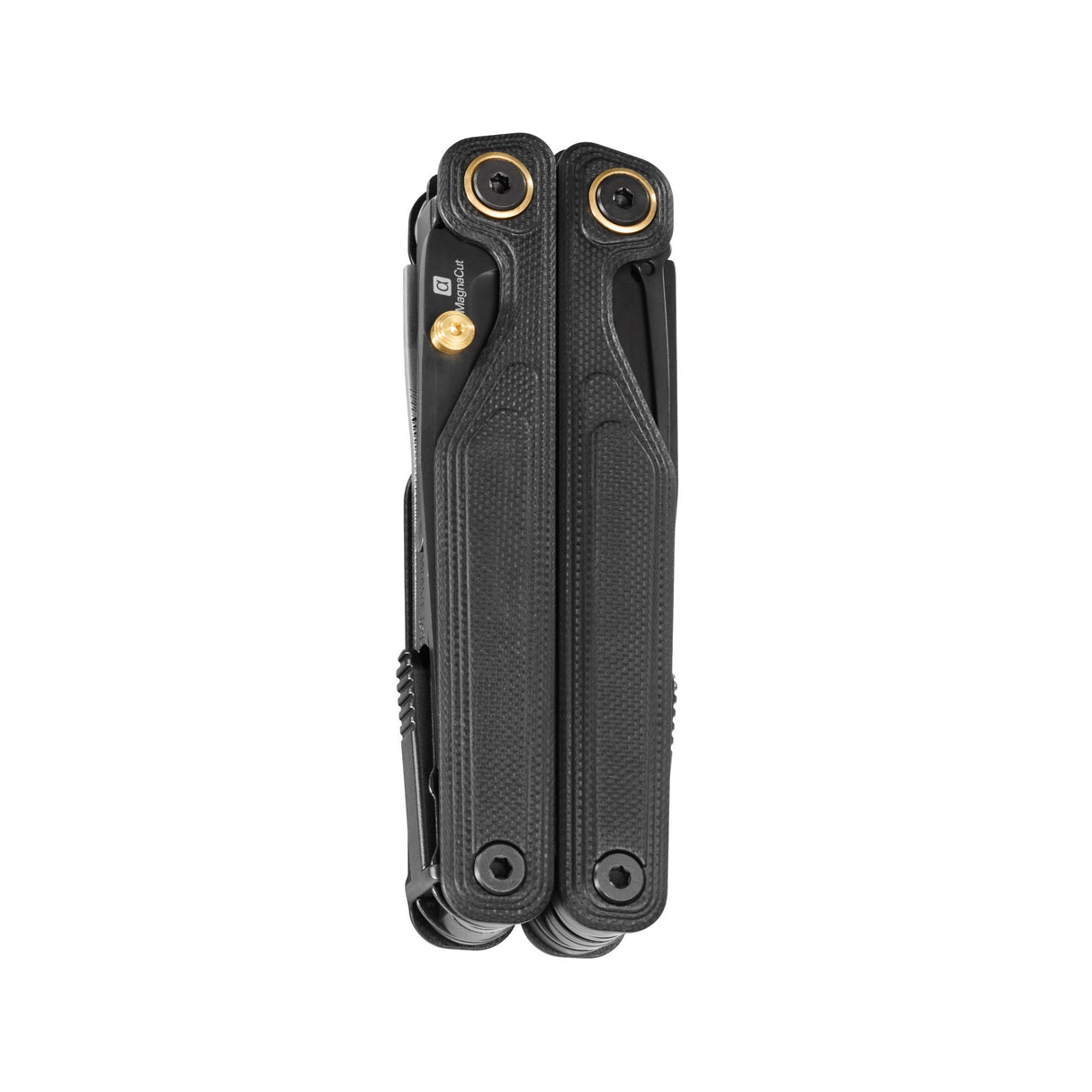 Translation missing: es.Obsidian Leatherman Wave® Alpha multi-tool closed, showcasing its compact design, utility and MagnaCut blade label