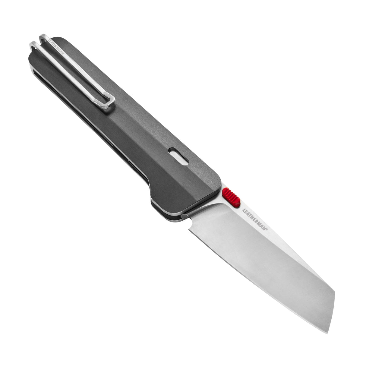 Translation missing: es.Leatherman Glider folding knife with a Jet Black textured handle, stainless steel blade, and red thumb stud, shown open on a white background