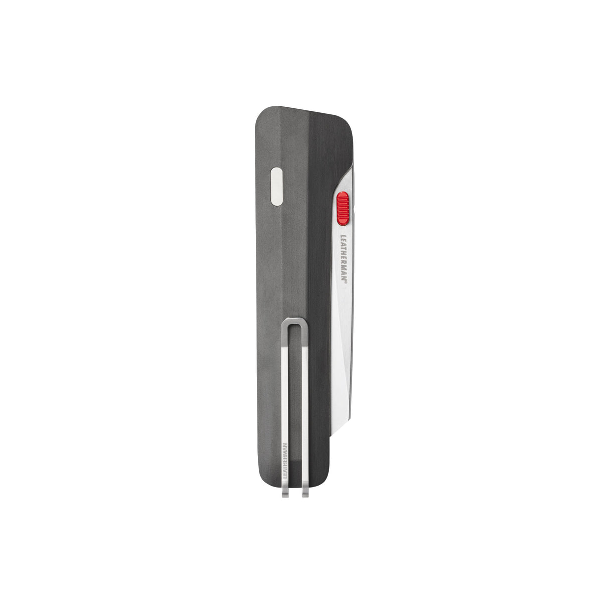 Translation missing: es.Leatherman Glider folding knife with a Jet Black textured handle, stainless steel blade, and red thumb stud, shown close on a white background