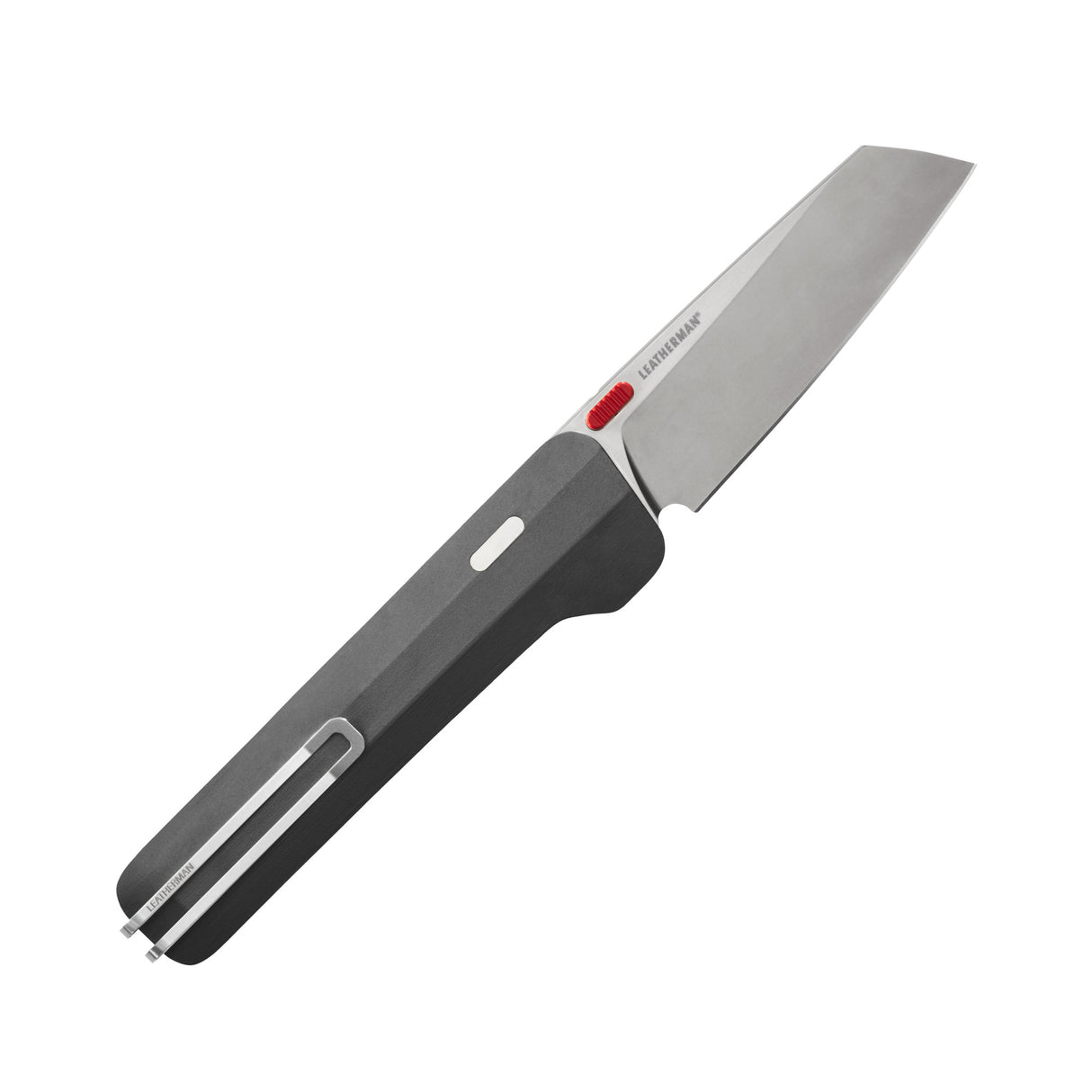 Translation missing: es.Leatherman Glider folding knife with a Jet Black textured handle, stainless steel blade, and red thumb stud, shown open on a white background