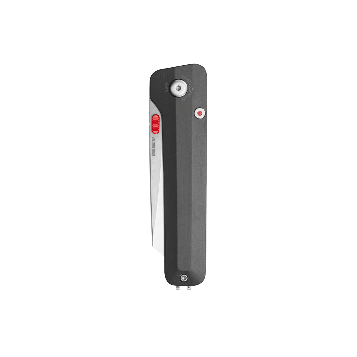 Translation missing: es.Leatherman Glider folding knife in closed position with Jet Black textured handle, visible red thumb slider, and a pivot screw displayed on a white background