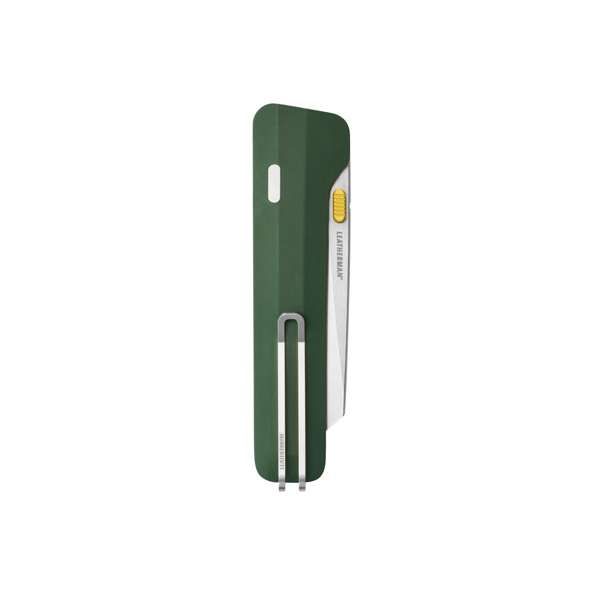 Translation missing: en.Leatherman Glider folding knife with Okra textured handle, stainless steel blade, and yellow thumb stud, shown close on a white background