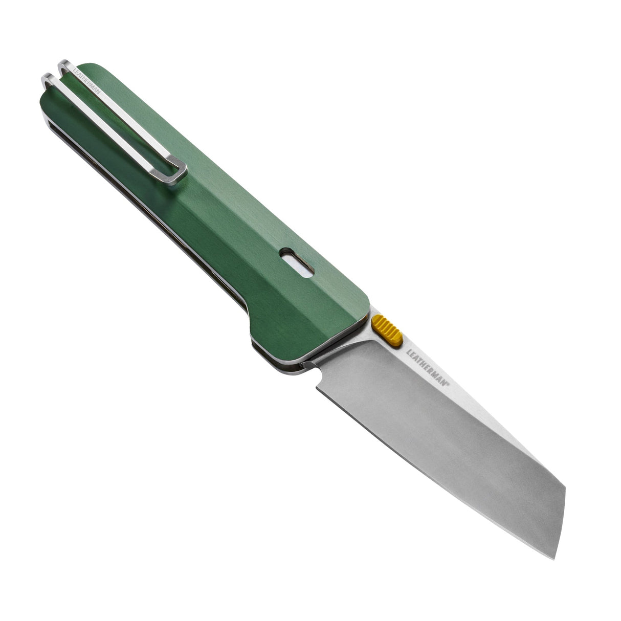 Translation missing: en.Leatherman Glider folding knife with Okra textured handle, stainless steel blade, and yellow thumb stud, shown open on a white background