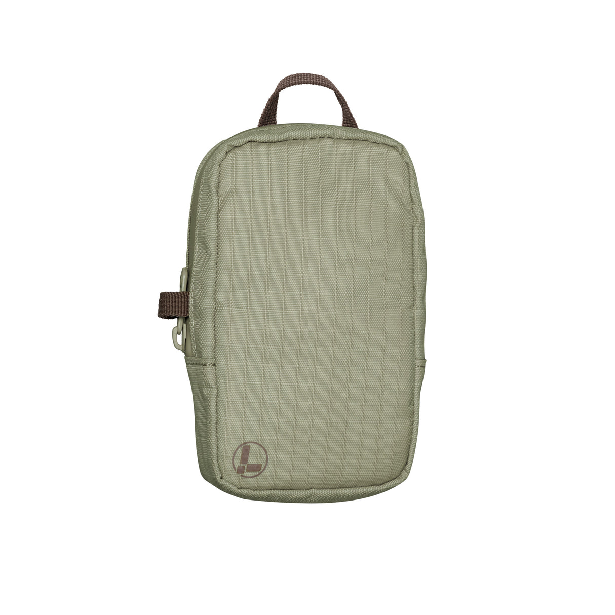 Translation missing: nl.A Leatherman Tool Pouch in a Mossy Fog color, featuring a minimalist rectangular design with a grid-patterned fabric texture, a brown top loop for carrying, and a side zipper with a pull tab. The pouch is adorned with a subtle Leatherman logo in the lower left corner