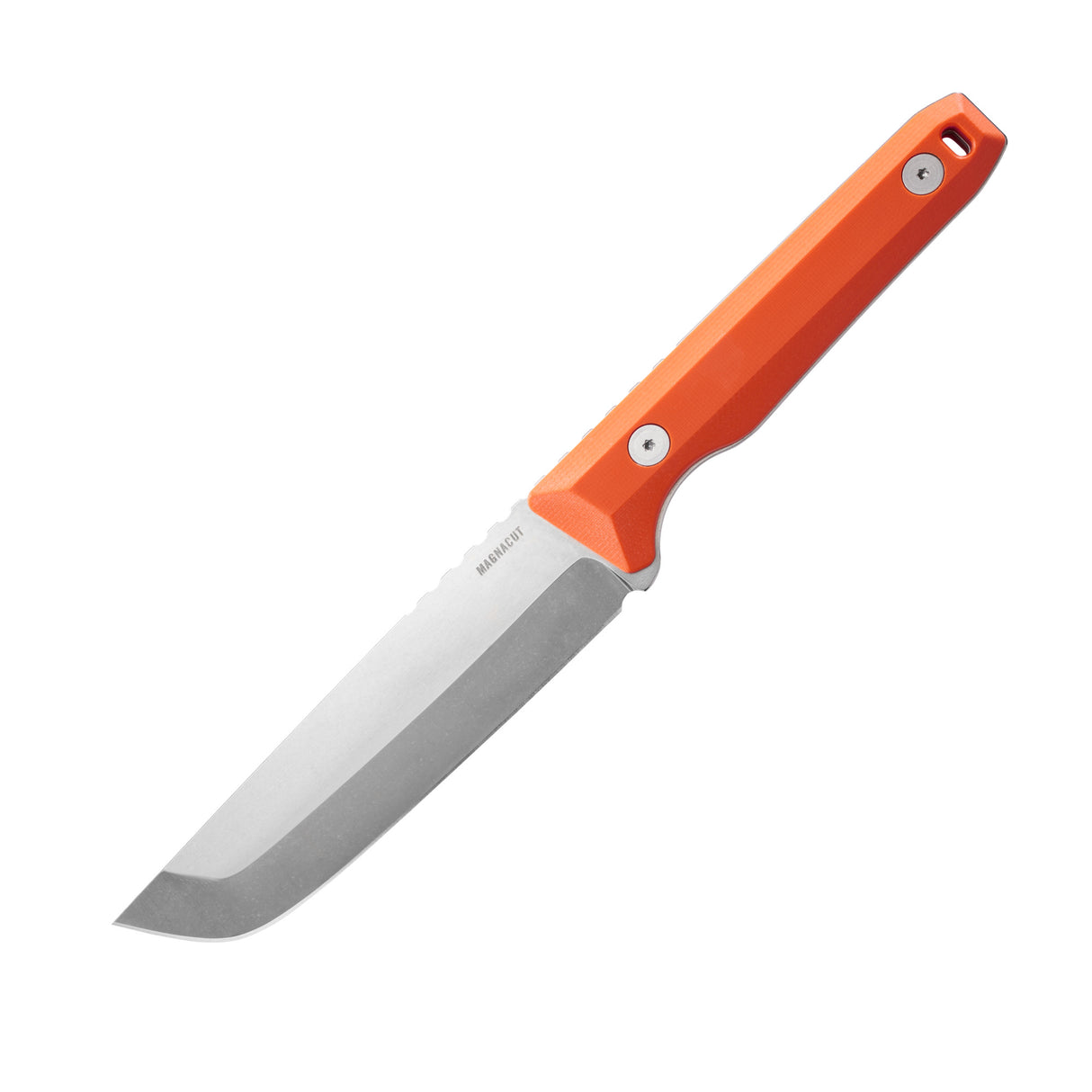 Translation missing: en.Leatherman Pioneer knife with Orange pop handle, stainless steel blade shown open on a white background
