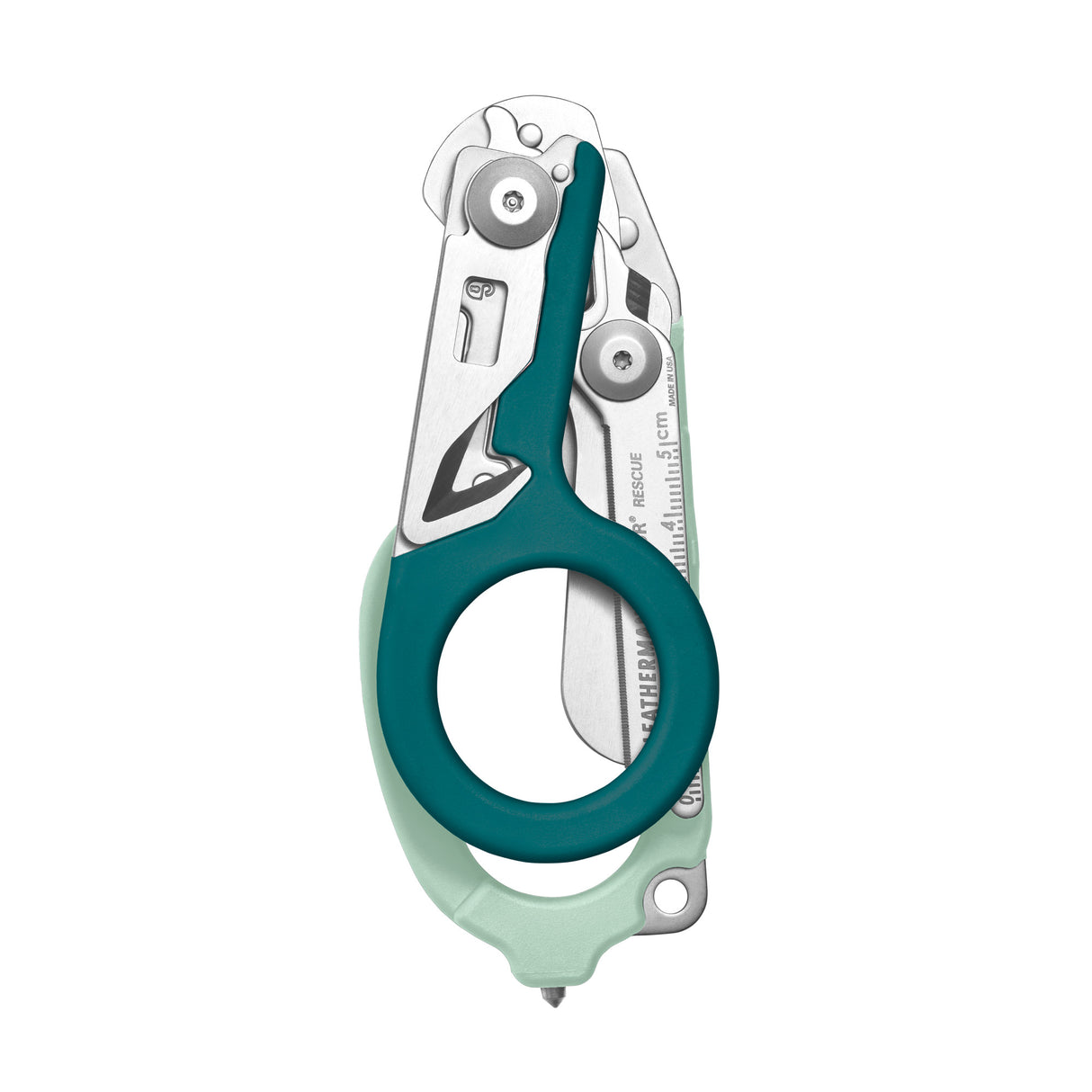 Translation missing: en.Icy Mint Leatherman Raptor Rescue trauma shears folded, showcasing its compact size