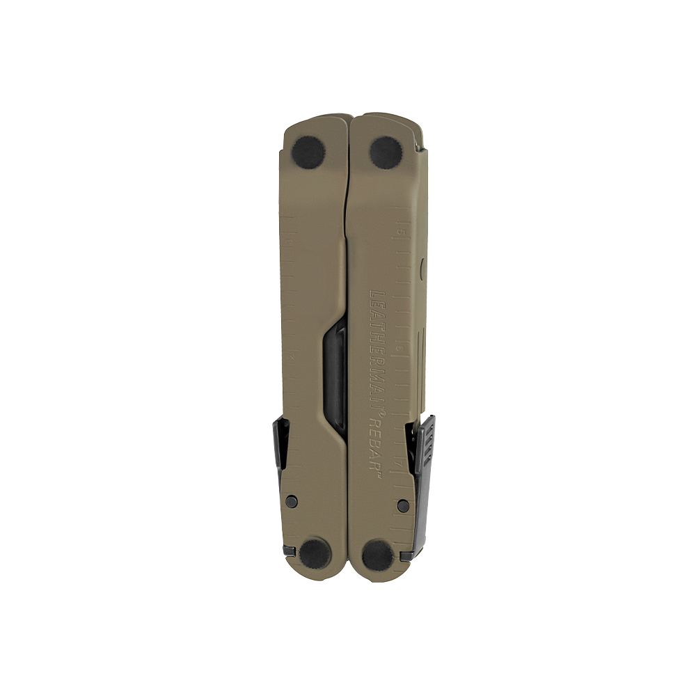 Translation missing: pl.Coyote Tan Leatherman Rebar® multitool in closed position, showcasing its sleek design and robust construction