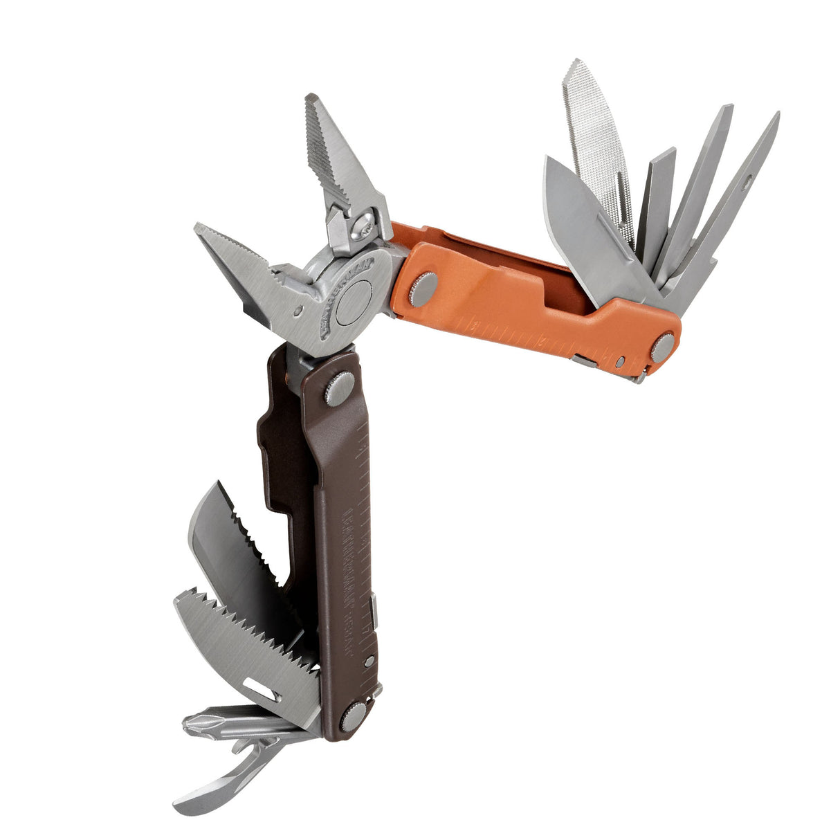 Translation missing: de.Burnt Sienna Leatherman Rebar® multi-tool beauty image showing the various tools and features