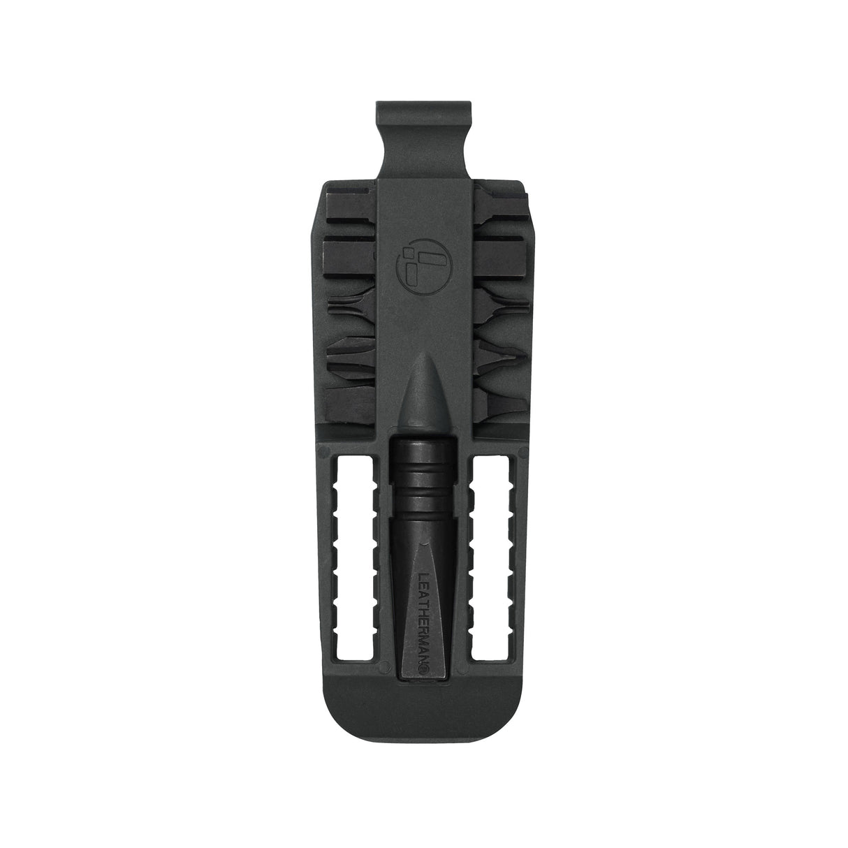 Translation missing: es.A black Leatherman Removable Bit Driver with an assortment of double-ended bits neatly organized in a compact holder. The bits are arranged in two vertical rows, with the driver centered at the bottom. The Leatherman logo is embossed above the driver