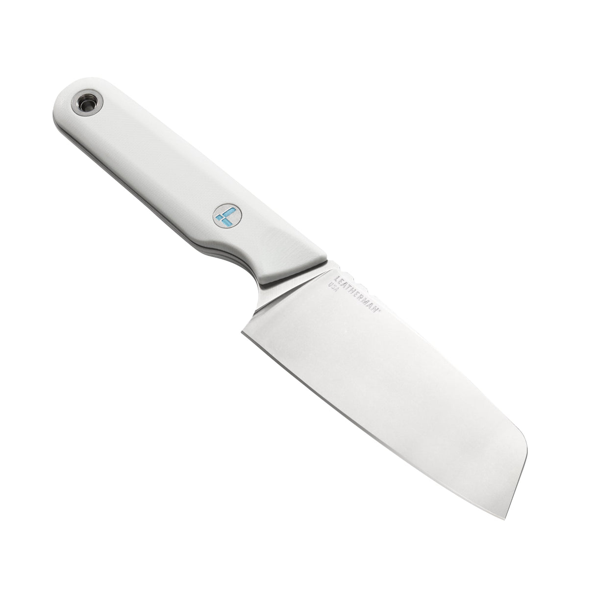 Translation missing: de.Leatherman Rustle Alpine knife, highlighting the logo on the white handle and the wide blade, set against a white backdrop