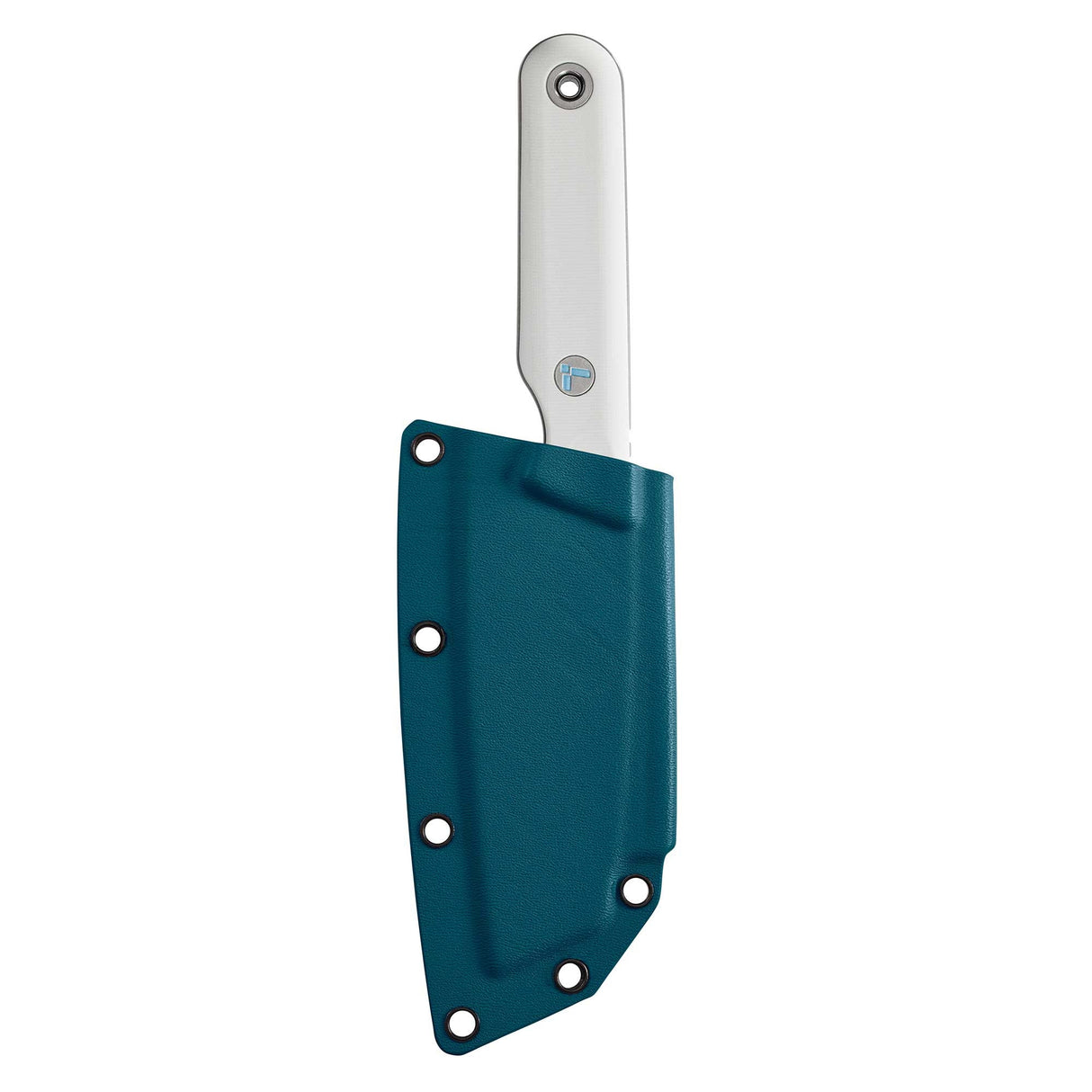 Translation missing: de.Alpine Leatherman Rustle knife inserted into a teal Kydex sheath, showing the alpine handle and logo against a white background