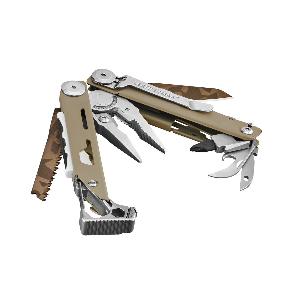 Translation missing: es.Tan Leatherman Signal Sandstorm multitool opened to show pliers, saw, hammer end, knife blade, and bit driver