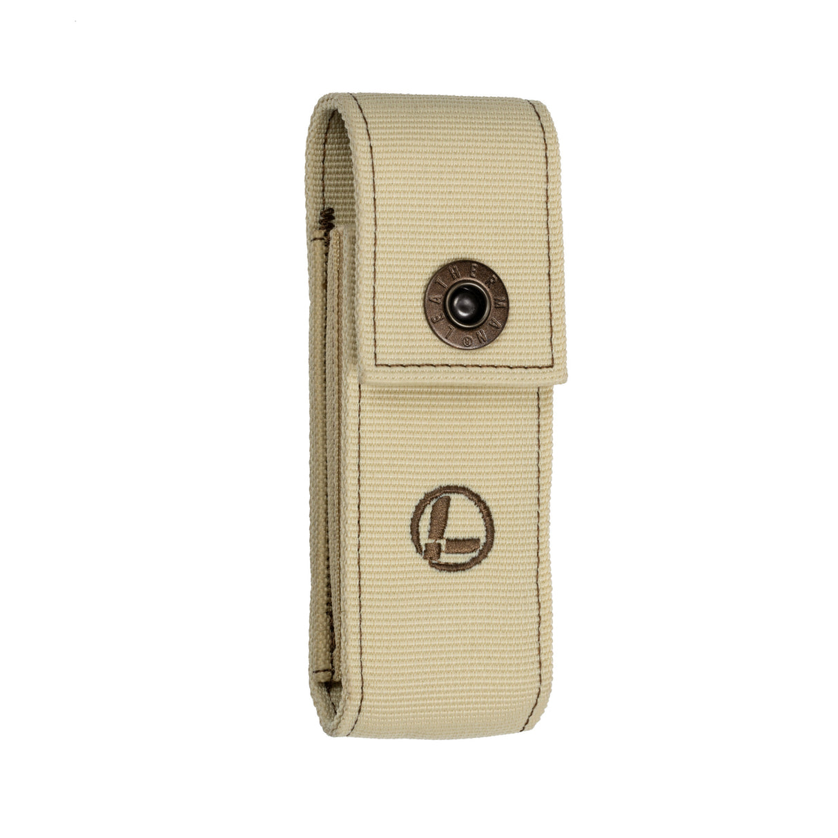 Translation missing: es.Tan nylon belt pouch with snap-closure flap and circular stitched logo on the front