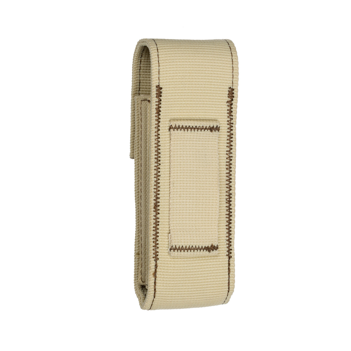 Translation missing: es.Tan fabric belt pouch or sheath with brown stitching and a closed flap