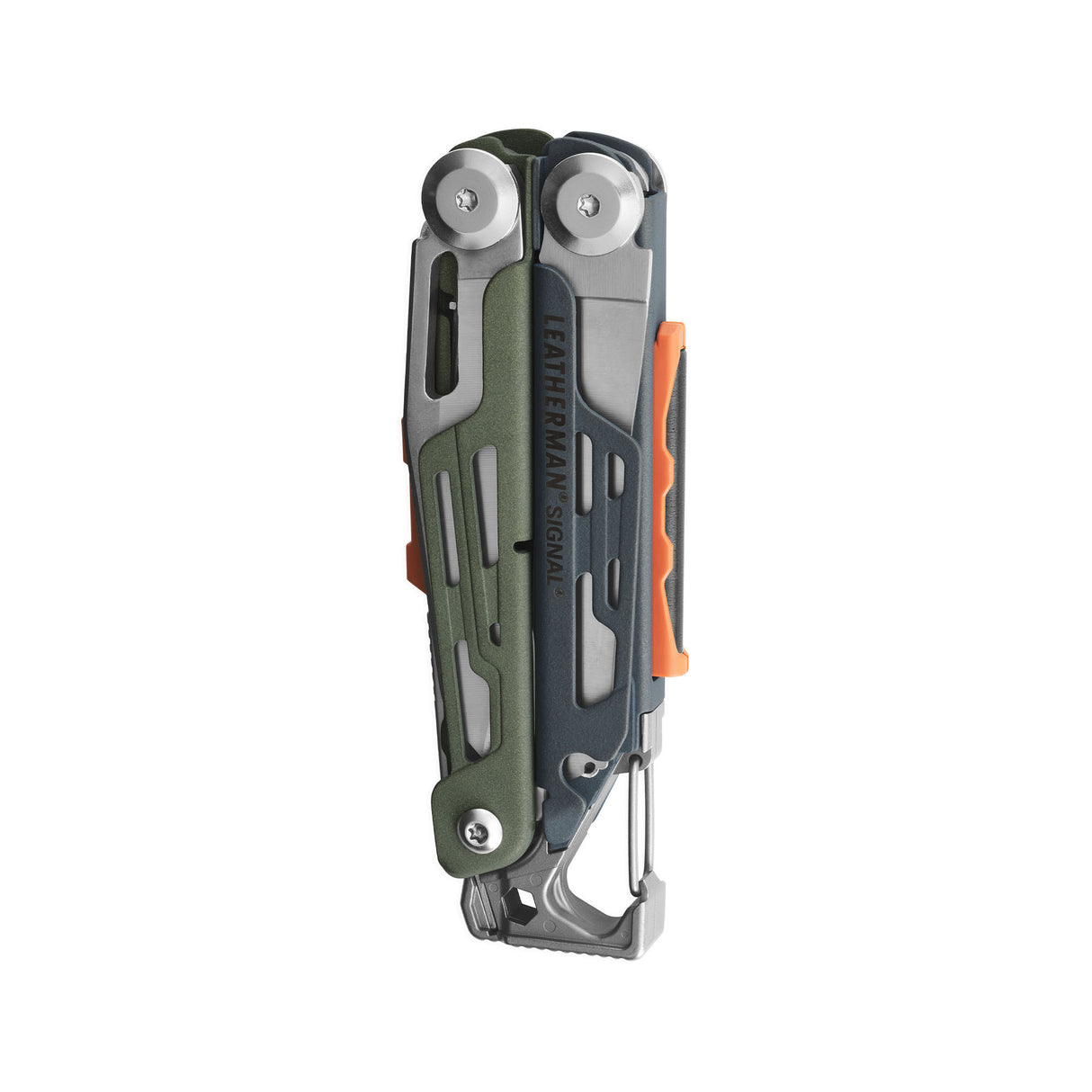 Translation missing: es.Closed Signal® multitool in Tundrascape, shown upright with visible carabiner clip and orange accents