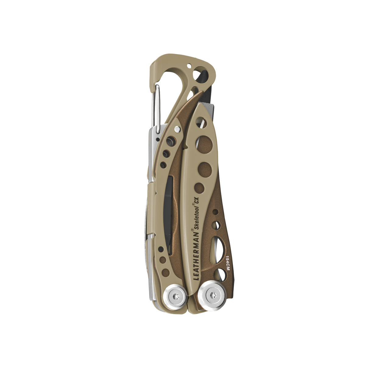 Translation missing: fr.Folded Leatherman Skeletool Cx multitool in Sandstorm color with carabiner clip and cutout handles