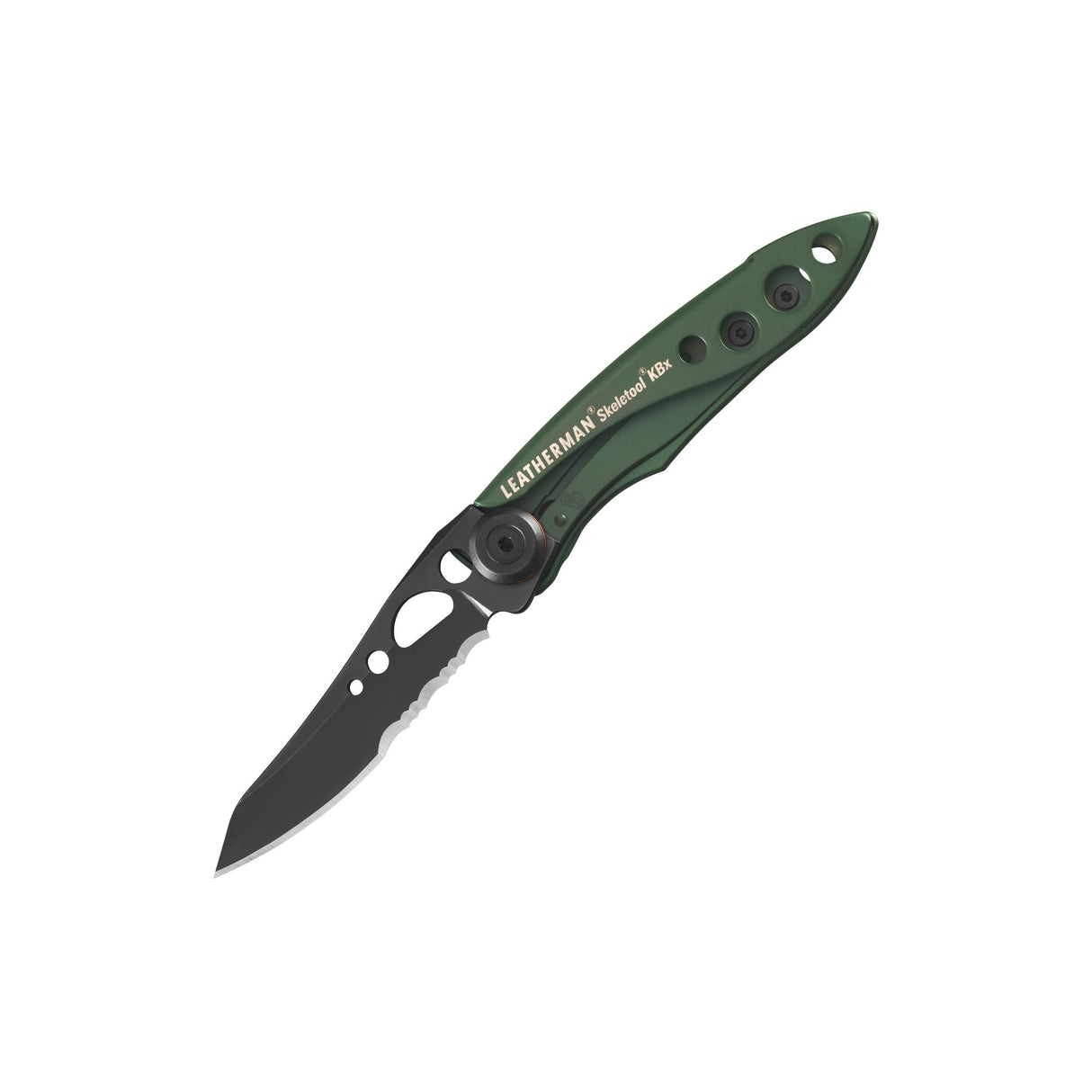 Translation missing: de.Leatherman Skeletool KBX folding knife with OD Green handle and partially serrated black blade