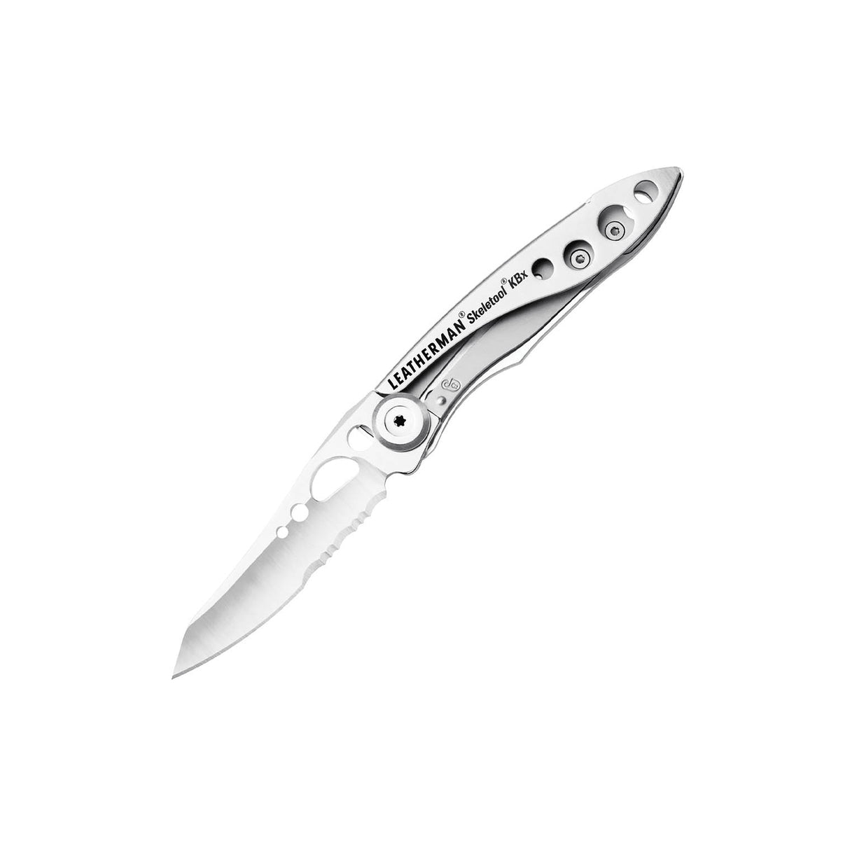 Translation missing: de.Leatherman Skeletool® KBx folding knife in Stainless Steel with partially serrated blade and skeletonized handle