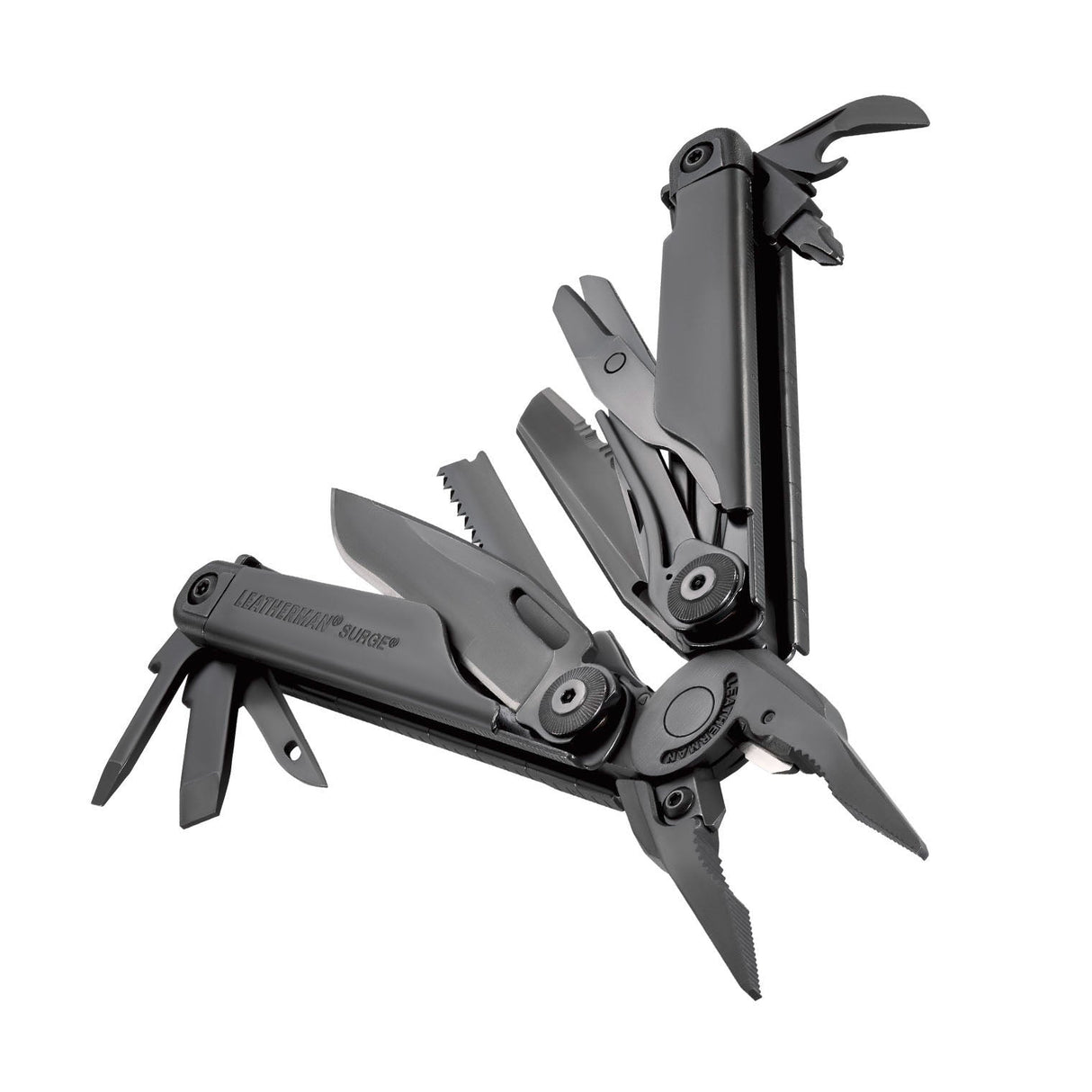 Translation missing: nl.Black Leatherman Surge® multi-tool beauty image showing the various tools and features