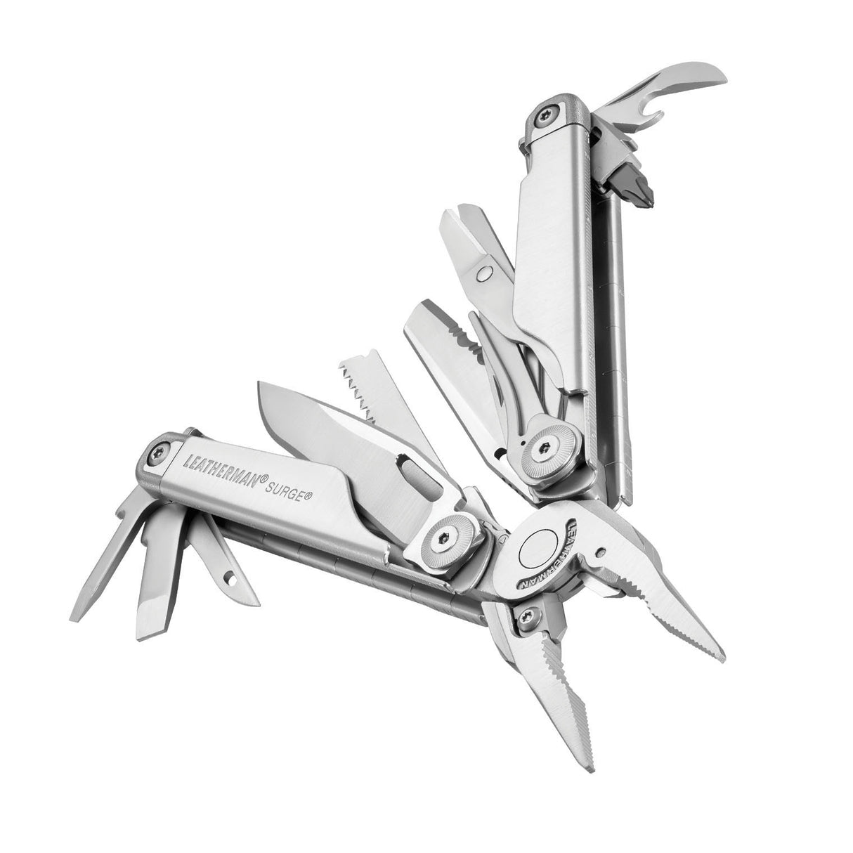 Translation missing: en.Stainless steel Leatherman Surge® multi-tool beauty image showing the various tools and features