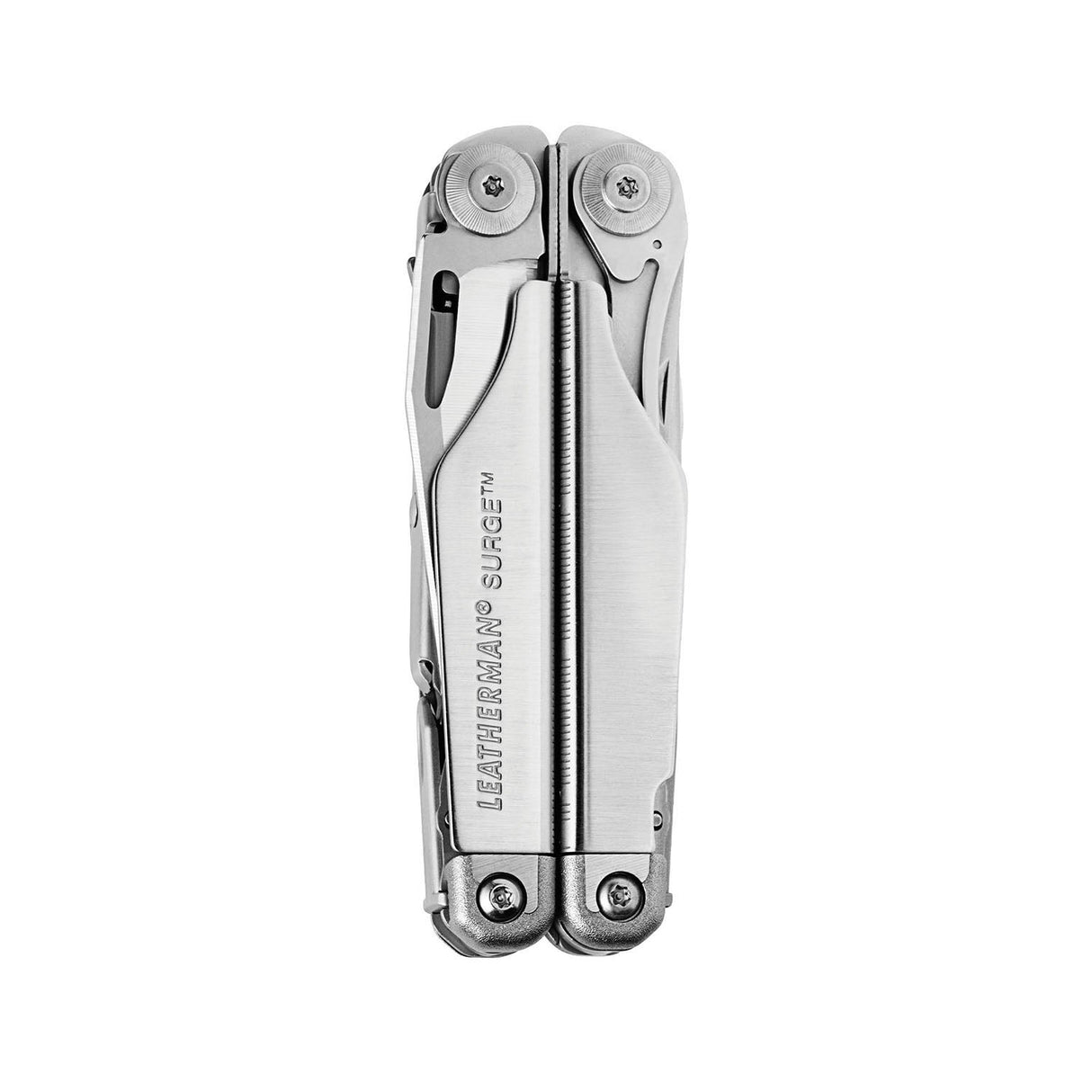 Translation missing: es.Stainless steel Leatherman Surge® multi-tool closed , showcasing its sleek design and compact ability