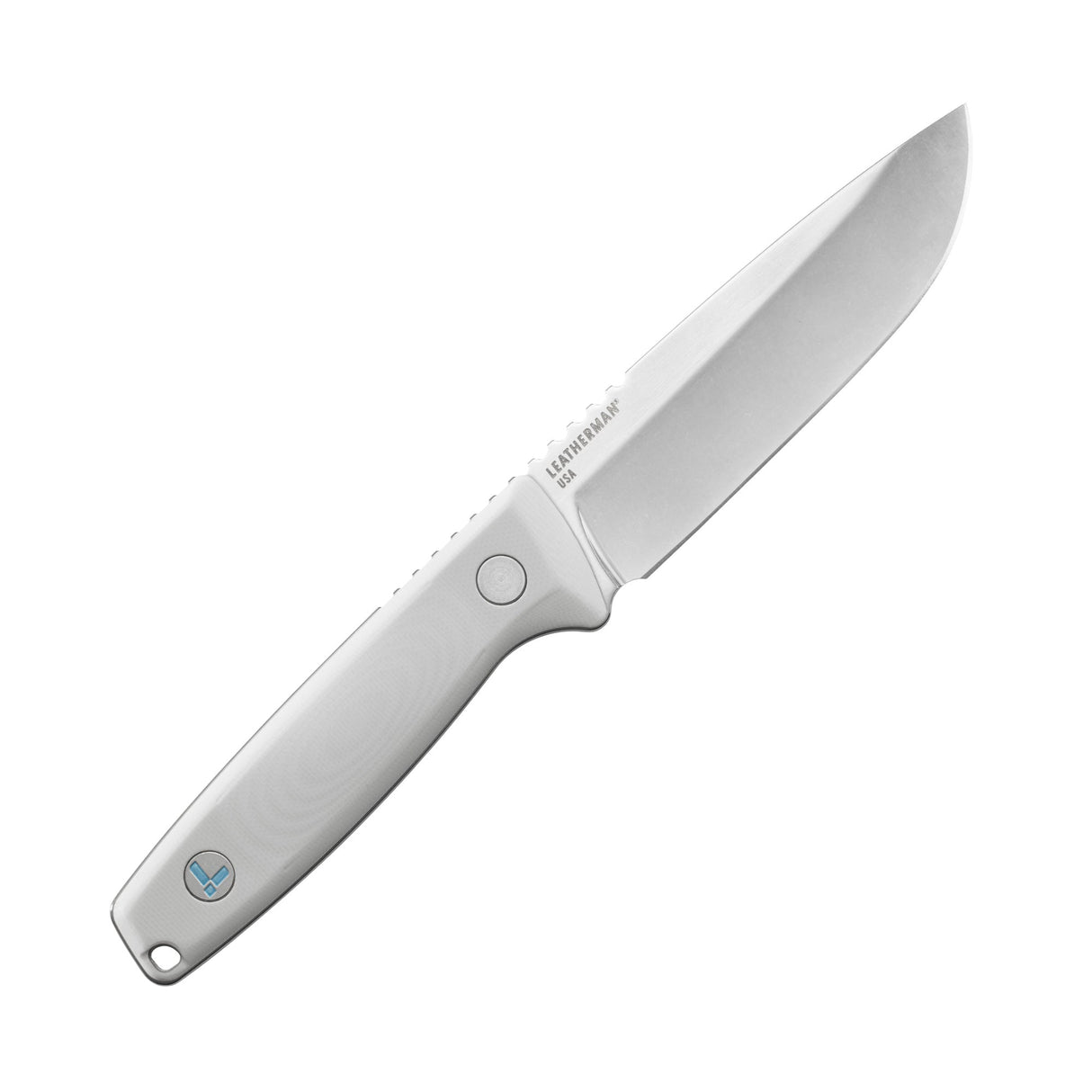 Translation missing: de.Leatherman Trac Alpine fixed-blade knife with a stainless steel drop point blade and smooth white handle featuring the Leatherman logo, displayed on a white background