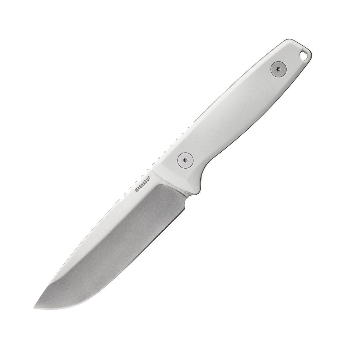 Translation missing: de.Leatherman Trac Alpine fixed-blade knife with a stainless steel drop point blade and smooth white handle, displayed in full profile on a white background