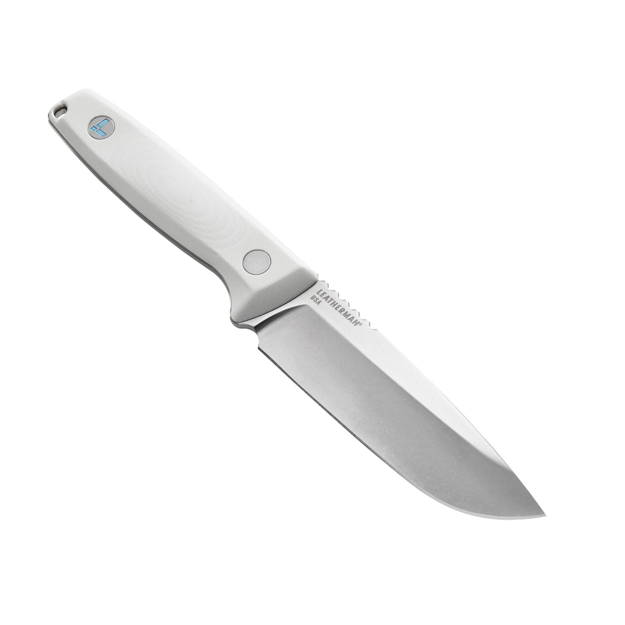 Translation missing: de.Leatherman Trac Alpine fixed-blade knife with a stainless steel drop point blade and white textured handle featuring the Leatherman logo, displayed on a white background