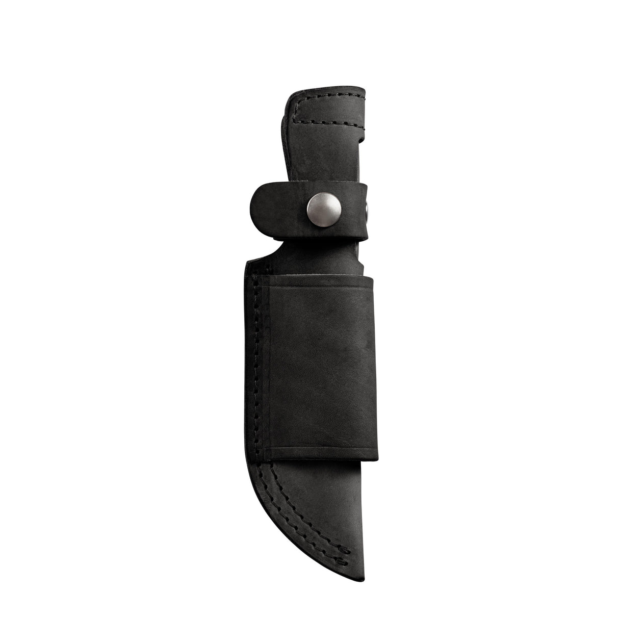 Translation missing: en.Black leather belt sheath with silver snap closures and reinforced stitching, designed to hold a fixed-blade knife, displayed on a white background