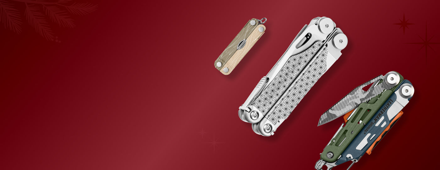 Translation missing: nl.Customized Leatherman Micra, Wave+ and Signal arranged on a bold red background, highlighting their unique shapes and features