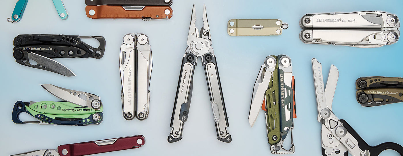 Translation missing: de.A collection of various Leatherman multitools displayed, showcasing different styles and blade types