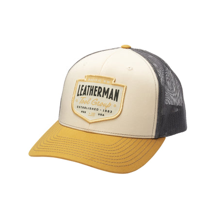 Translation missing: de.Mink Beige Leatherman Pacific Northwest Trucker Hat with a stitched emblem. Established 1983