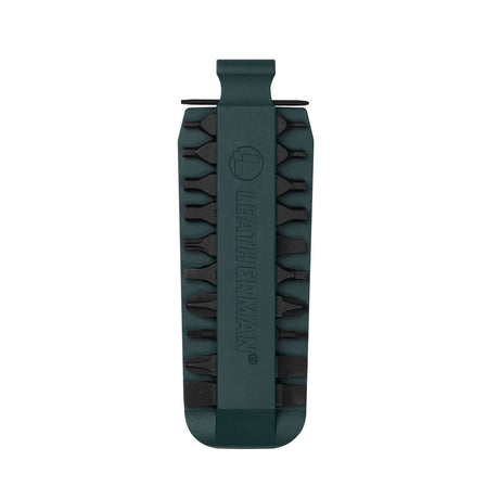 Translation missing: pl.Forest Green Leatherman bit kit holder with multiple interchangeable screwdriver bits arranged on both sides, featuring the Leatherman logo embossed in the center