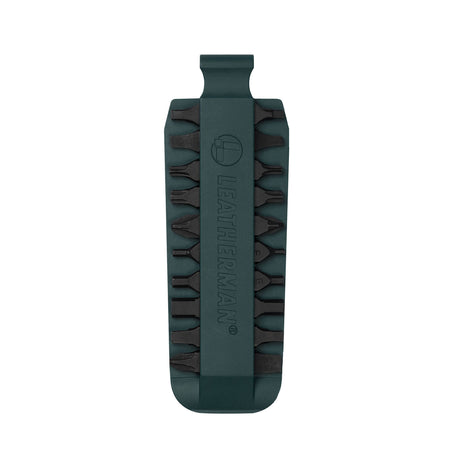 Translation missing: pl.Forest Green Leatherman bit kit holder with multiple interchangeable screwdriver bits arranged on both sides, featuring the Leatherman logo embossed in the center