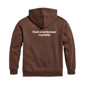 Translation missing: en.Back of the brown Mr. Wave Hoodie with the slogan &quot;I have a Leatherman, I can help!&quot;