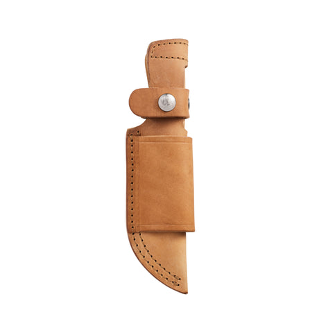 Translation missing: de.Tan leather belt sheath with silver snap closures and reinforced stitching, designed to securely hold a fixed-blade knife