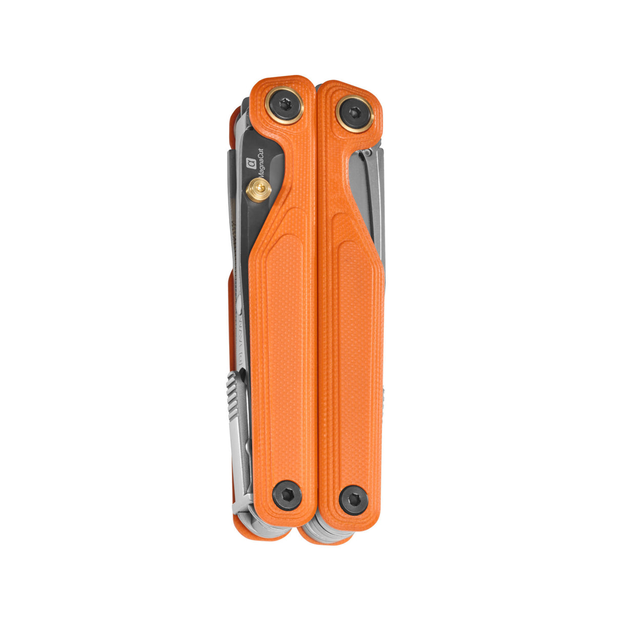 Translation missing: de.Leatherman Wave® Alpha Canyonland multi-tool folded closed, showcasing bright orange handles and compact design