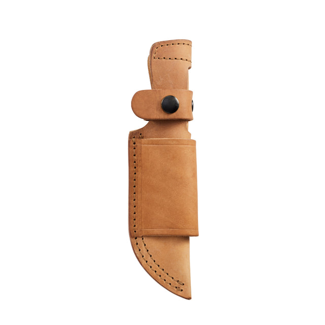 Translation missing: de.Tan leather belt sheath with black snap closures and reinforced stitching, designed to securely hold a fixed-blade knife