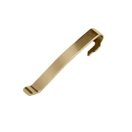 Translation missing: en.Front side of the Brass Leatherman Quick-Release Pocket Clip showing the flat engravable surface
