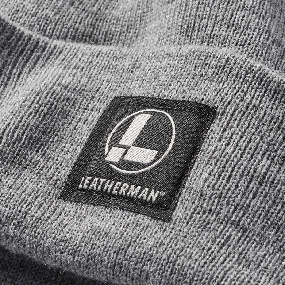 Closeup of sewn in leatherman logo on beanie