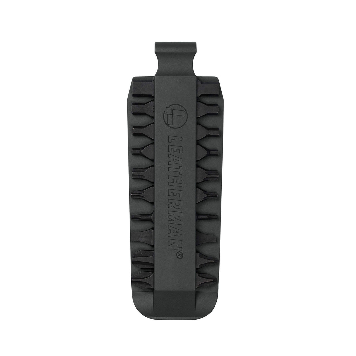 Translation missing: pl.Black Leatherman bit kit holder with multiple interchangeable screwdriver bits arranged on both sides, featuring the Leatherman logo embossed in the center
