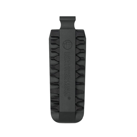 Translation missing: pl.Black Leatherman bit kit holder with multiple interchangeable screwdriver bits arranged on both sides, featuring the Leatherman logo embossed in the center