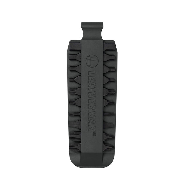 Translation missing: pl.Black Leatherman bit kit holder with multiple interchangeable screwdriver bits arranged on both sides, featuring the Leatherman logo embossed in the center