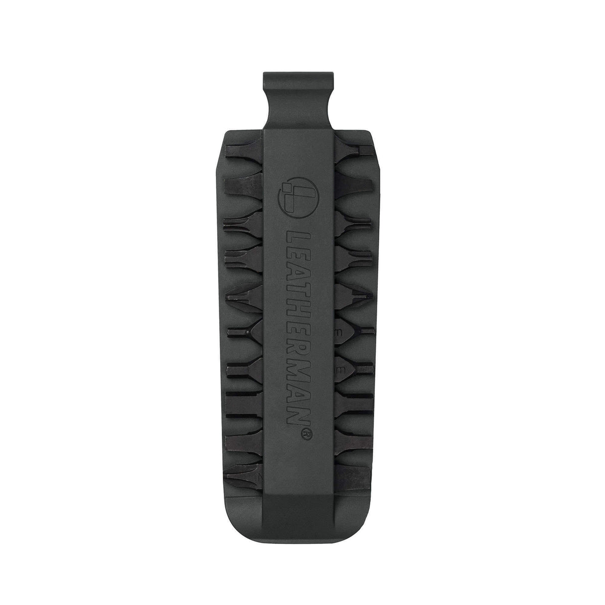Translation missing: pl.Black Leatherman bit kit holder with multiple interchangeable screwdriver bits arranged on both sides, featuring the Leatherman logo embossed in the center