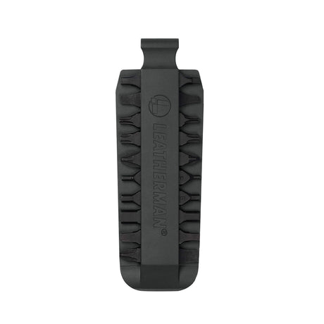 Translation missing: pl.Black Leatherman bit kit holder with multiple interchangeable screwdriver bits arranged on both sides, featuring the Leatherman logo embossed in the center