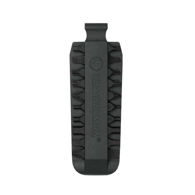 Translation missing: pl.Black Leatherman bit kit holder with multiple interchangeable screwdriver bits arranged on both sides, featuring the Leatherman logo embossed in the center