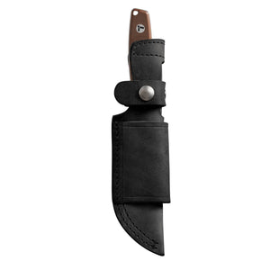 Translation missing: fr.Leatherman Trac Earth Brown fixed-blade knife sheathed in a black leather belt sheath with silver snap closures, displayed on a white background