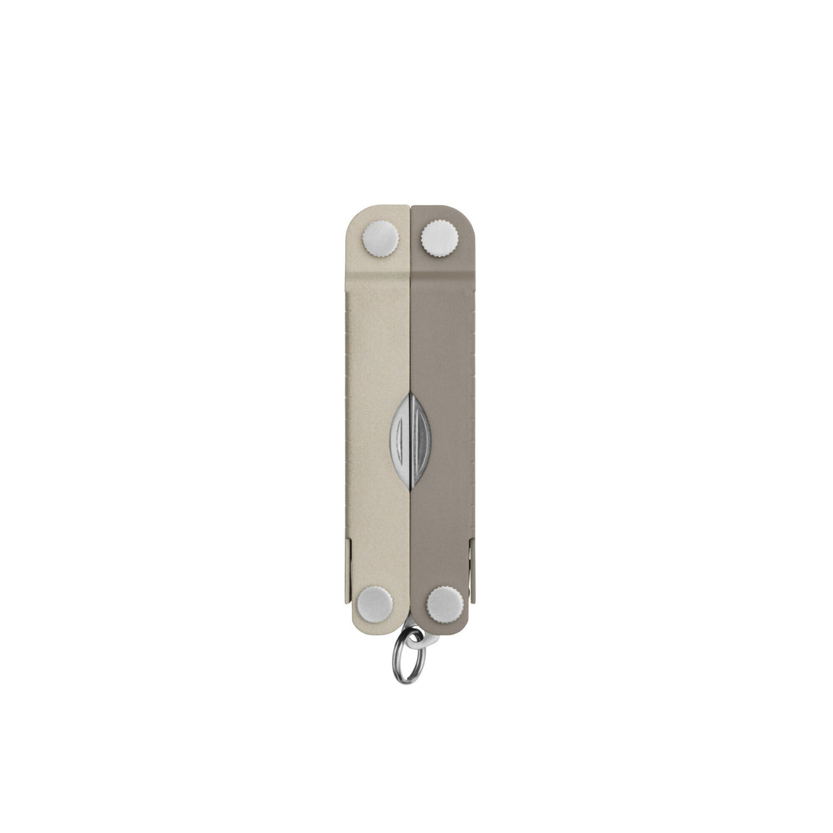 Translation missing: es.Closed Leatherman Micra multi-tool in Winter Fog color, featuring a compact, dual-tone beige and grey design with a keychain loop