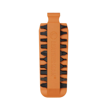 Translation missing: pl.Orange Leatherman bit kit holder with multiple interchangeable screwdriver bits arranged on both sides, featuring the Leatherman logo embossed in the center